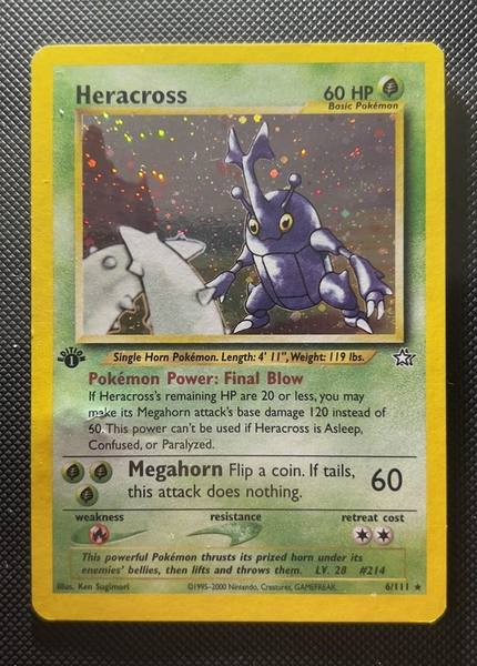 Heracross, Neo Genesis 1st Edition 6/111, third angle showing holo foil and corners