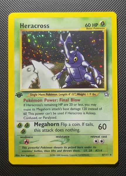 Heracross, Neo Genesis 1st Edition 6/111, close view of the holo sparkle