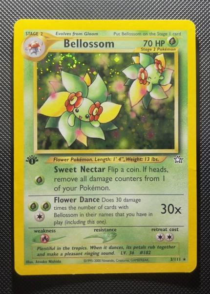 Bellossom, Neo Genesis 1st Edition 3/111, front view showing holo pattern and corners