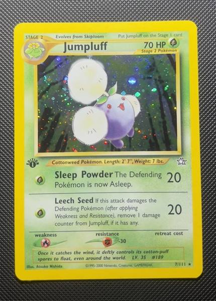Jumpluff, Neo Genesis 1st Edition 7/111, front view showing holo pattern and edges