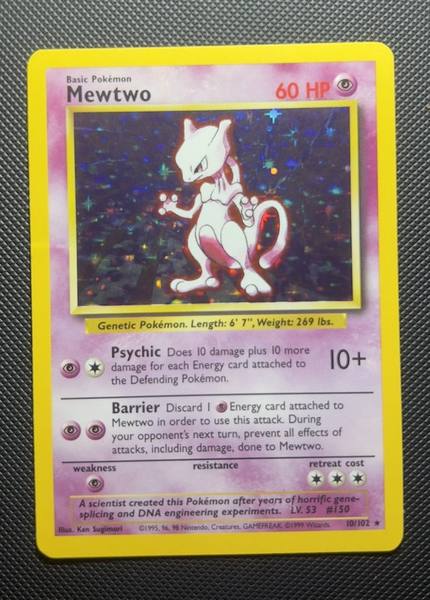 Mewtwo, Base Set holo rare 10/102, front view showing holo foil and border